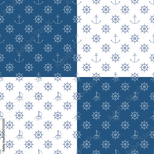 Set of Seamless Travel Patterns with Yacht , Anchor and Ship's Wheel, Maritime Tourism Concept , Line Style Design, Vector Illustration