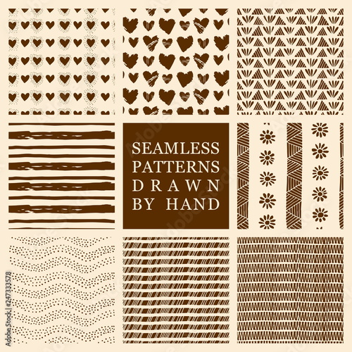 Vector set of hand drawn seamless pattern made with ink. Freehand textures for fabric, polygraphy, web design.