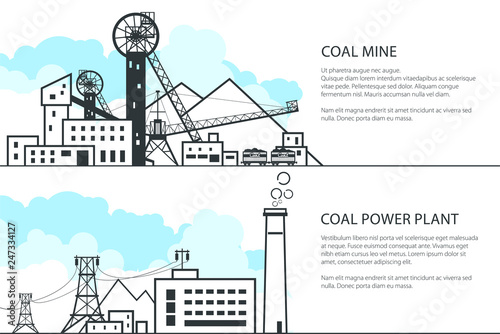 Set of Horizontal Banners with Mining and Coal Power Station, Complex Industrial Facilities with Spoil Tip and Power Line and Mine, Coal and Energy Industry, Vector Illustration