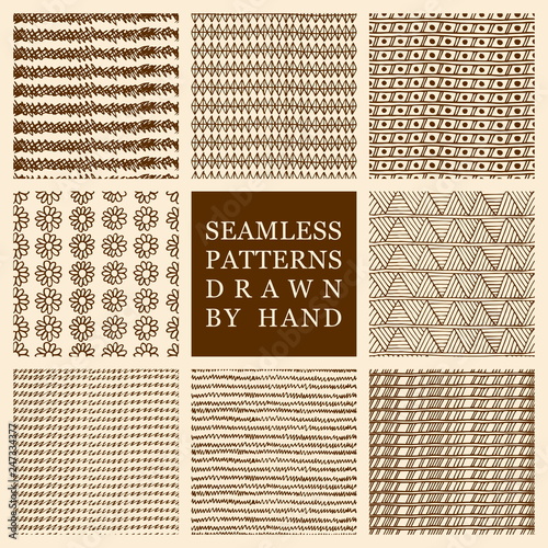 Vector set of hand drawn seamless pattern made with ink. Freehand textures for fabric, polygraphy, web design.