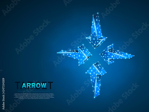 Arrows pointing in the middle. Business Technological success concept. Polygonal science Vector 3d illustration. Neon Low poly. Connection wireframe mesh structure on dark blue background in RGB Color