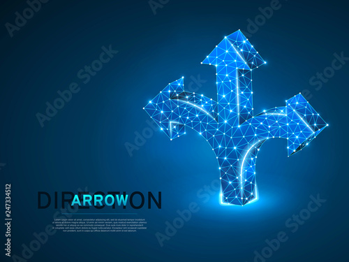 Crossroad direction three ways arrows wireframe digital 3d illustration. Low poly crossway choice concept with lines, dots and starry sky blue background. Vector polygonal road guide neon sign RGB