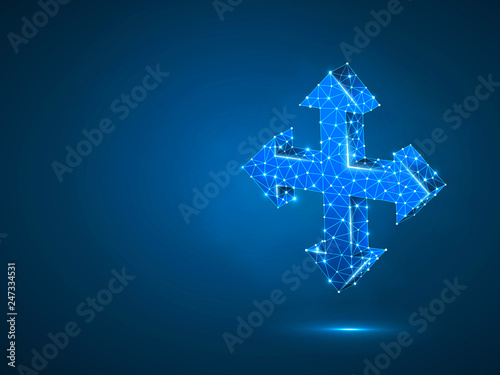 Arrow cross, extend, resize, Cross arrow sign. Four-way arrow wireframe digital 3d illustration. Low poly crossway choice concept with lines, dots on blue background. Raster neon polygonal road guide