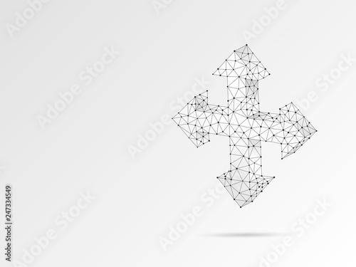 Arrow cross, extend, cross arrow, four-way arrow sign wireframe digital 3d illustration. Low poly crossway choice concept with lines dots on white background. Raster origami style polygonal road guide