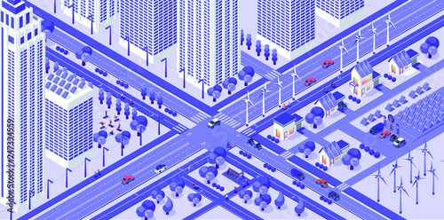 Modern isometric city. Eco friendly town. High buildings, homes, cars, bicyclists, electric car charching station, windmills and solar panels. People in city park. Yoga lessons. 