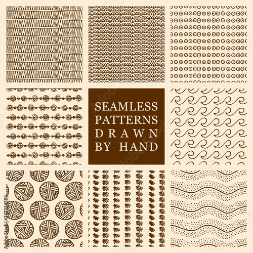 Vector set of hand drawn seamless pattern made with ink. Freehand textures for fabric, polygraphy, web design.
