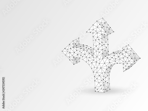 Crossroad direction three ways arrows wireframe digital 3d illustration. Low poly crossway choice concept with lines, dots on white background. Raster polygonal road guide origami style sign
