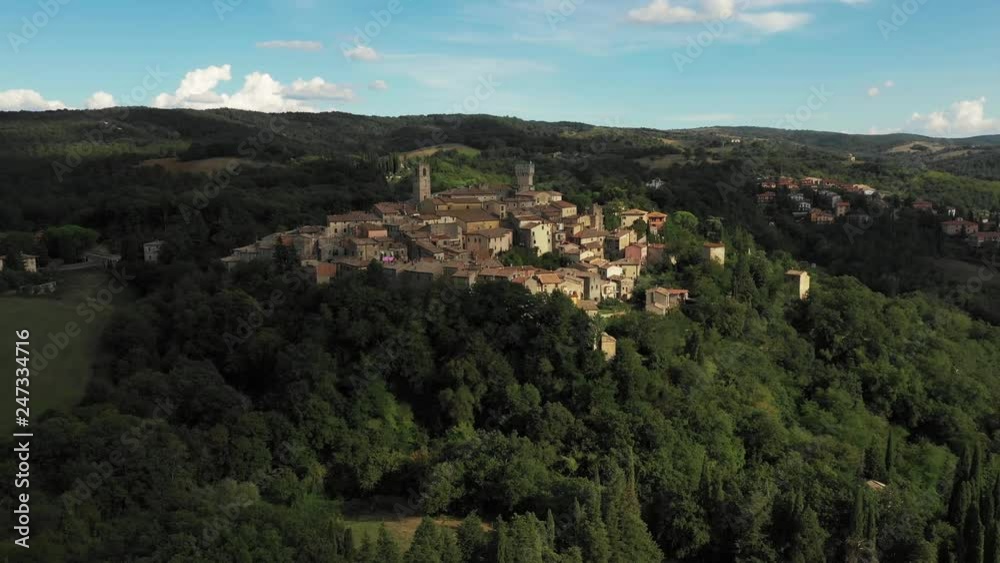 Aerial, little medieval town in Tuscany, San Casciano dei Bagni, Italy on a sunny day Aerial, little medieval town in Tuscany, San Casciano dei Bagni, Italy on a sunny day