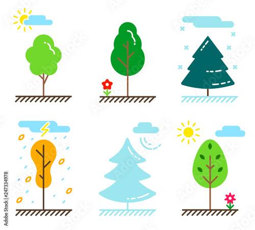 Different kinds of trees in line art style. The weather and times of year. Vector illustration of plants and nature. Ecosystem icon set.