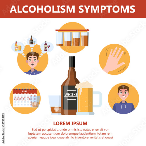 Alcohol addiction symptoms. Danger from alcoholism infographic