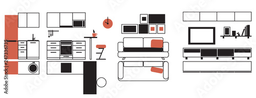 A set of furniture for a small apartment, linear flat. Vector