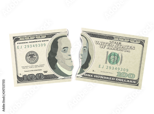 Fake one hundred USA dollars green banknote torn into two pieces on white