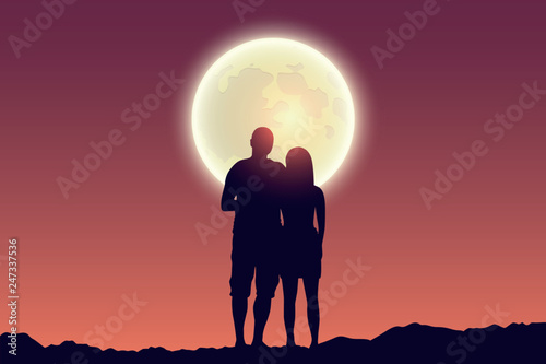 young couple looks to the full moon silhouette vector illustration EPS10