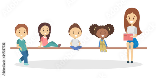 Woman reading book for little children. Happy kids