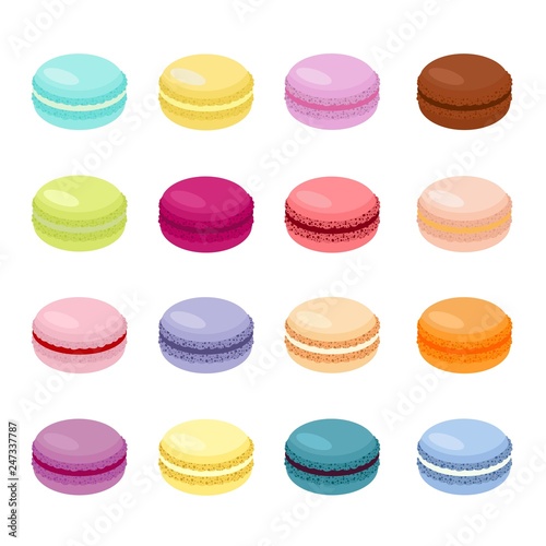 Cake macaron or macaroon Raster Illustration, colorful almond cookies, pastel colors. Macaroons isolated on white background