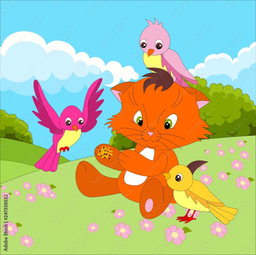 Naklejka premium Cute cat cartoon character with birds eating from a hand on the background of a cartoon outdoors landscape, meadows