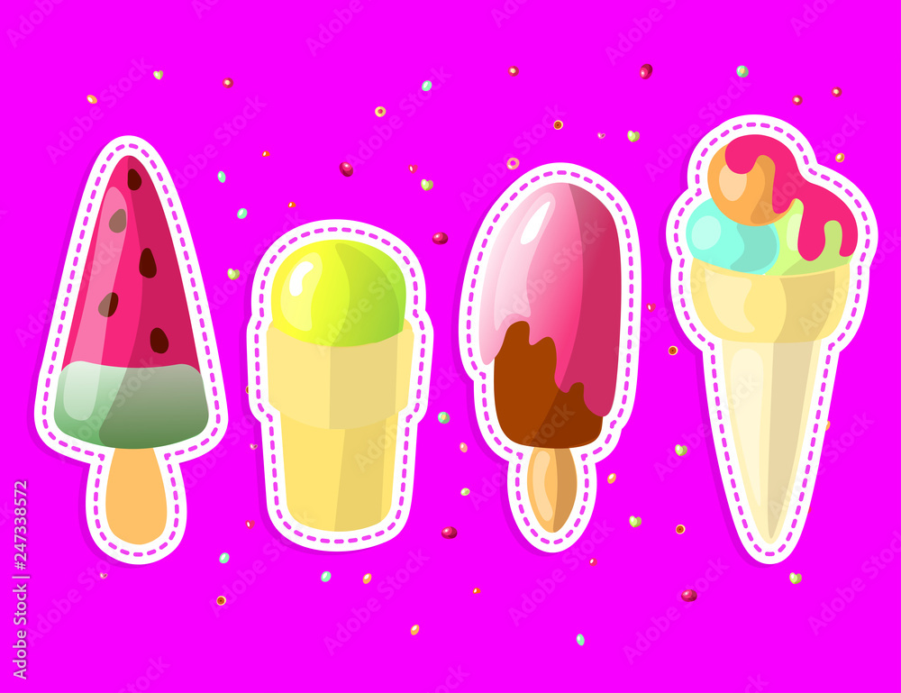 Set of cute cartoon colored Ice cream collection. Ice cream set with watermelon, strawberry and green tea ice cream sundae, ice-cream cone with bubble gum, orange and mint scoops isolated on white Set of cute cartoon colored Ice cream collection. Ice cream set with watermelon, strawberry and green tea ice cream sundae, ice-cream cone with bubble gum, orange and mint scoops isolated on white