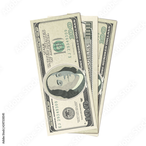 Fake three hundreds USA dollars, banknotes on white