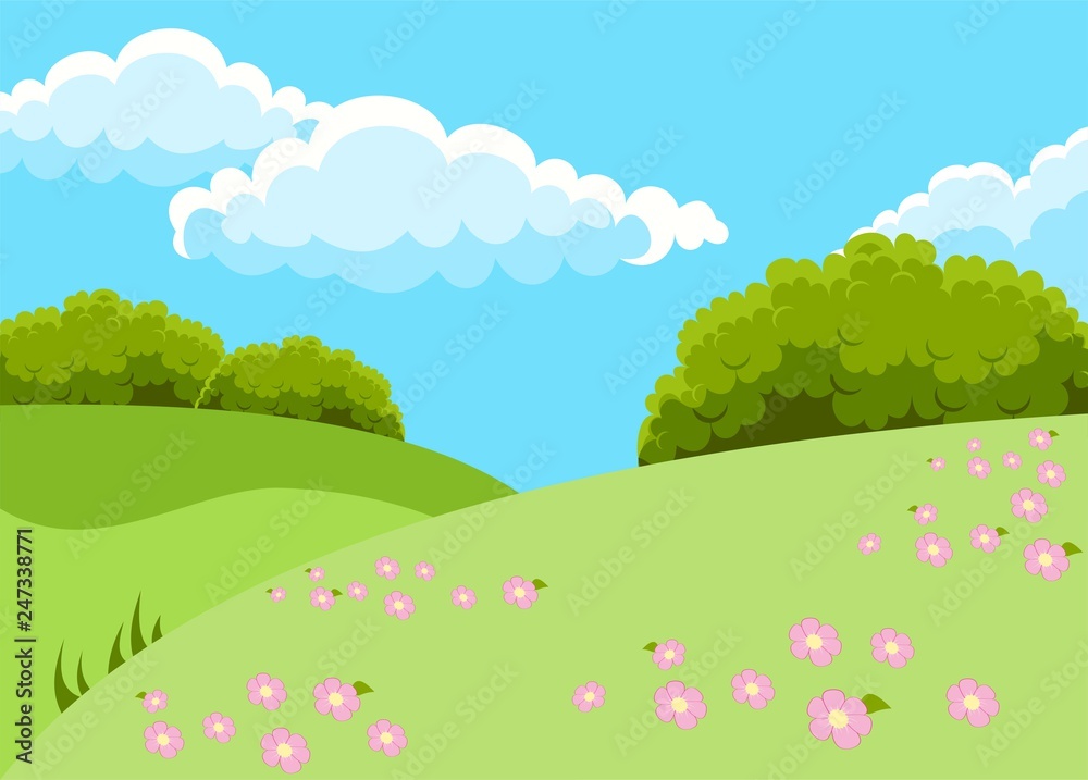 Raster illustration of beautiful fields landscape with a dawn, green hills, bright color blue sky and pink flowers, background in cartoon style.