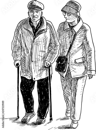 A sketch of an elderly couple going on a stroll