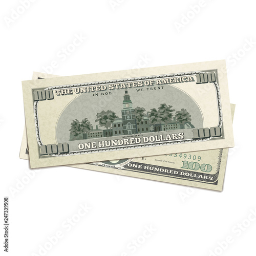 Fake two hundreds USA dollars, banknotes on white