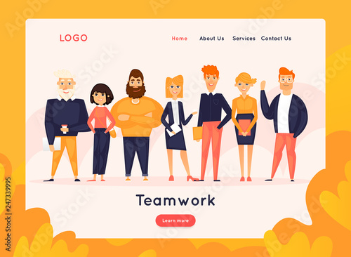 Site template, Teamwork, brainstorming, conference, concept discussion, meeting. Web page design. Website and mobile development. Flat vector illustration in cartoon style.