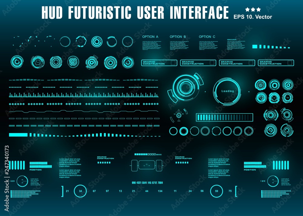 HUD futuristic green user interface, dashboard display virtual reality technology screen, target