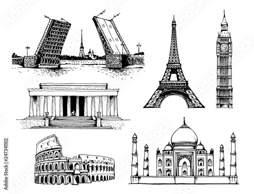 Landmarks of the world. Palace Bridge and Peter and Paul Fortress in Russia, Eiffel Tower in France, Elizabeth Tower (Big Ben) in England, White House and Lincoln Memorial in USA, Taj Mahal in India