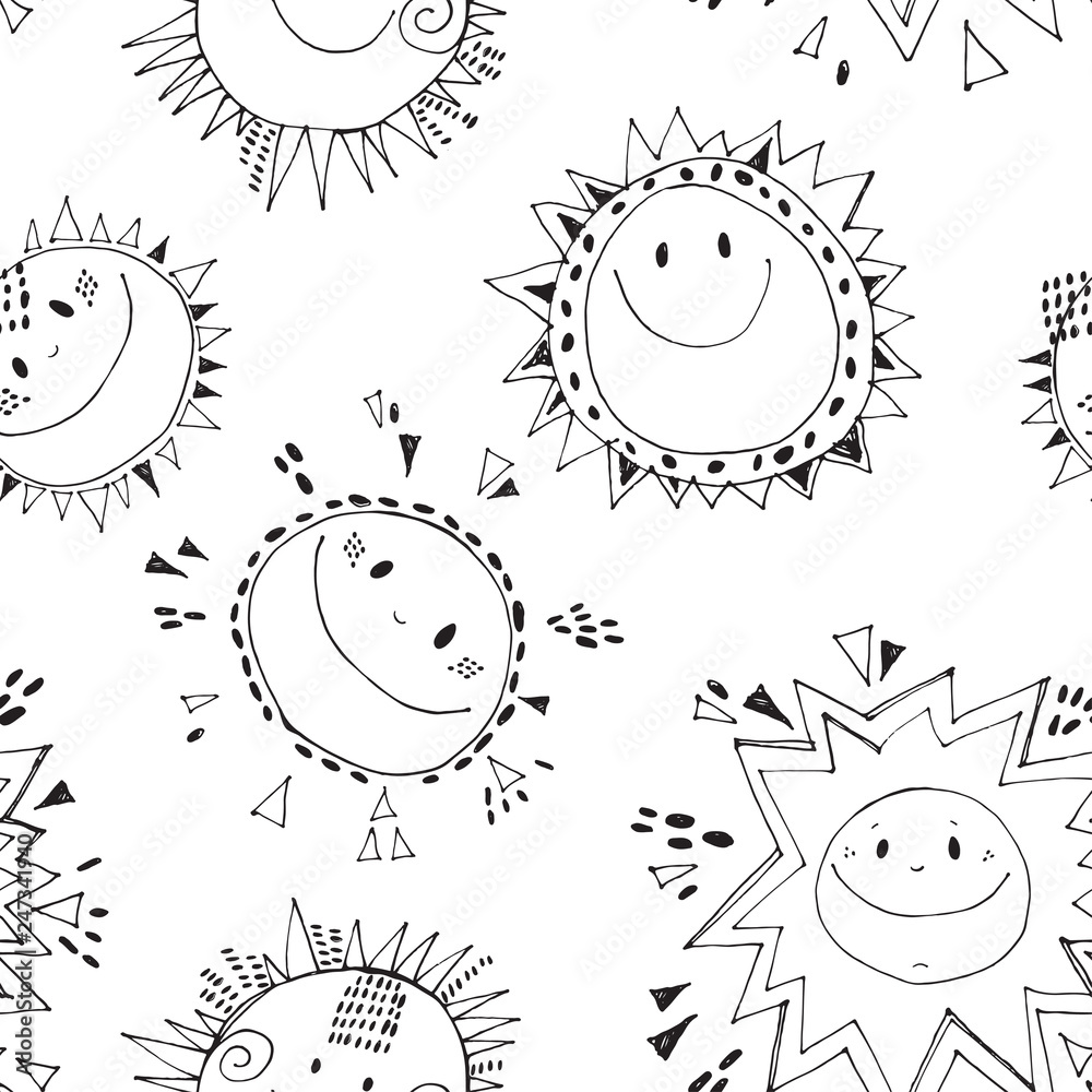 Seamless vector pattern with cartoon suns. Kids background. Hand-drawn illustration.