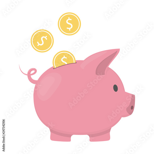 Piggy bank with golden coin falling inside.
