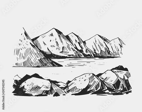 Wild natural landscape with lake, rocks, trees. Hand drawn illustration converted to vector.