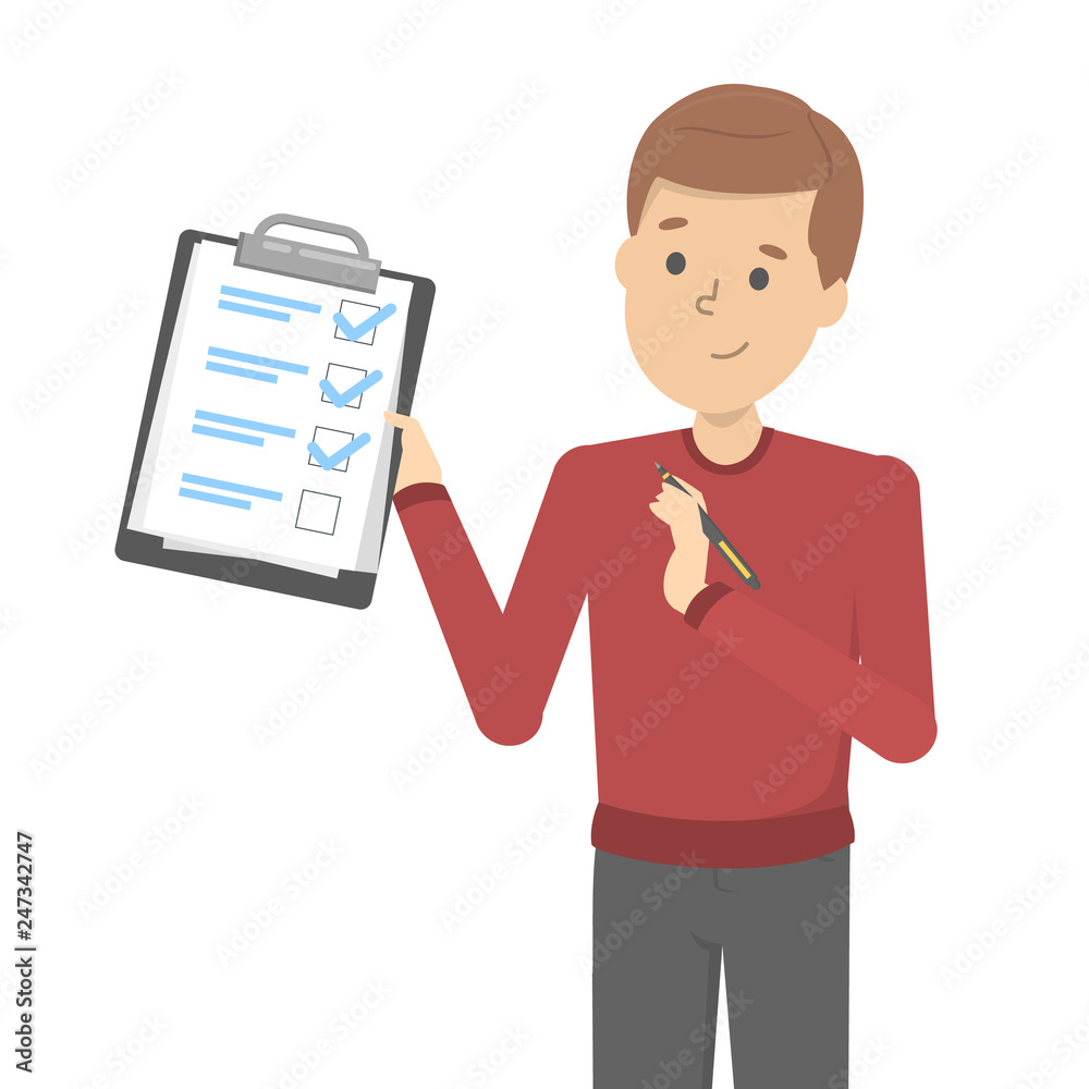 Man with pen standing and holding a clipboard Man with pen standing and holding a clipboard