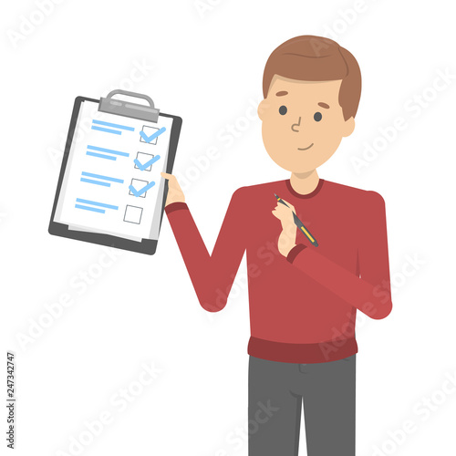 Man with pen standing and holding a clipboard
