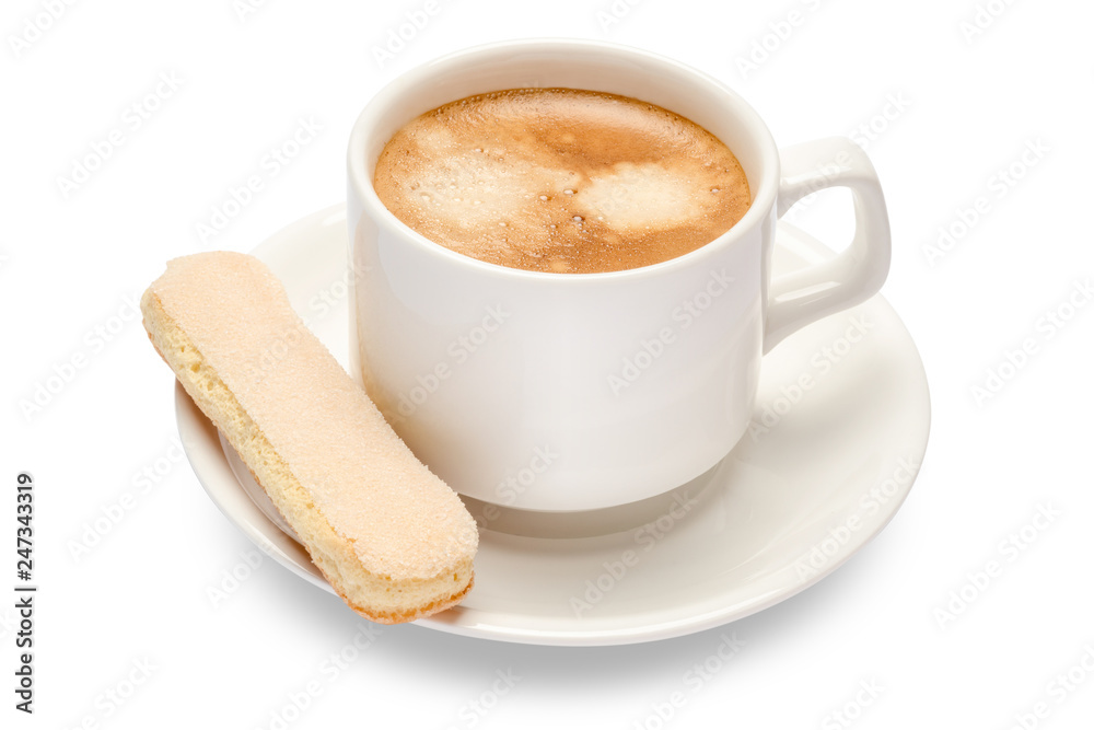 White ceramic cup of coffee with a savoiardi ladyfinger cookie on a plate