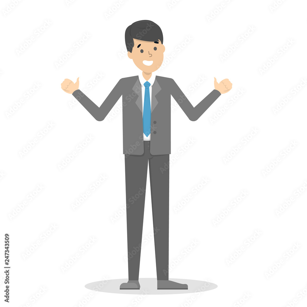 Businessman in suit standing and showing thumbs up