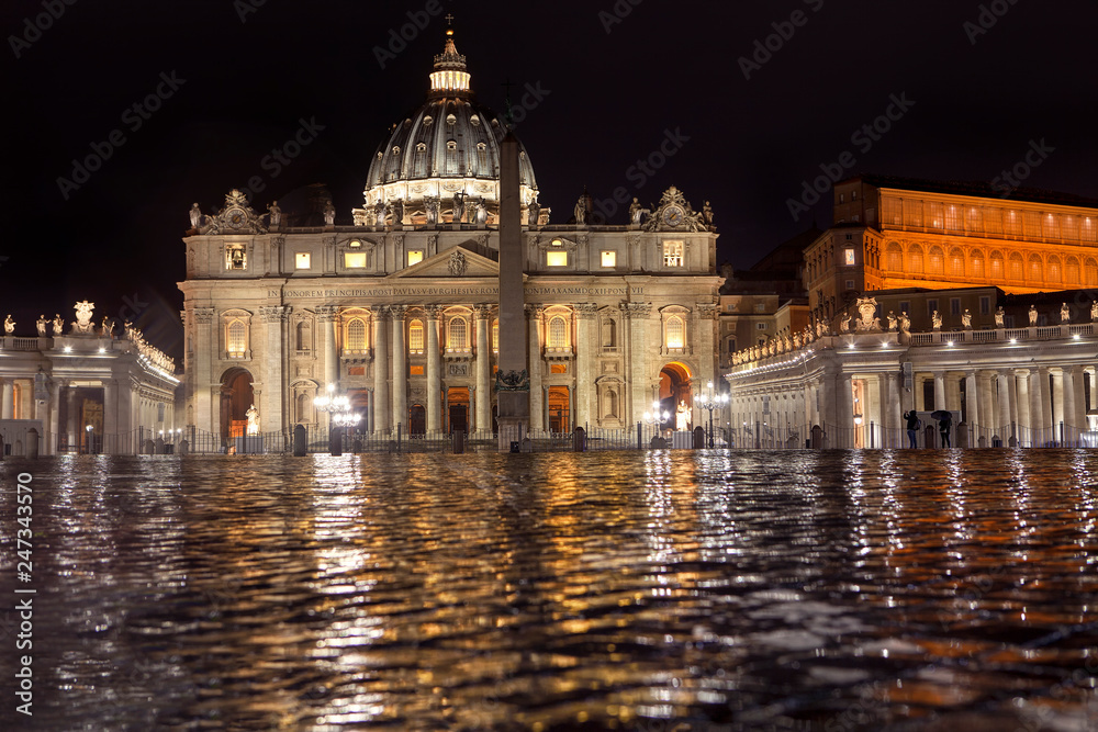 St. Peter Square in Vatican in rainy night