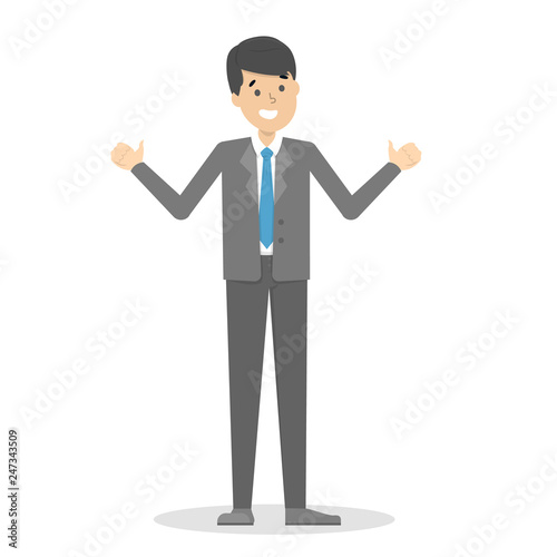 Businessman in suit standing and showing thumbs up