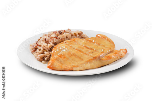 Grilled chicken fillet and rice on white background