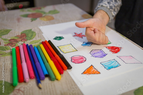 child painting and coloring figures on white sheet at home. 