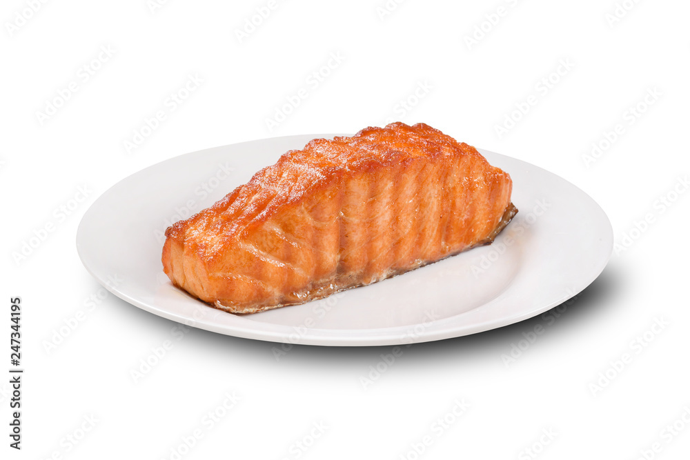 Grilled Salmon chop and rice on white background Grilled Salmon chop and rice on white background