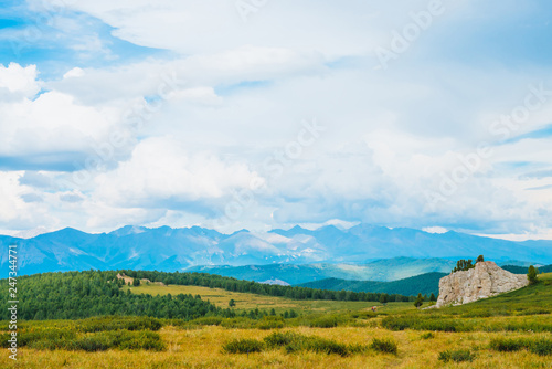 Spectacular view of mountain scenery. Landscape with footpath near rocky stone in highlands. Rock with trees and vegetation. Distant giant mountains under cloudy sky. Wonderful scenic mountainscape.