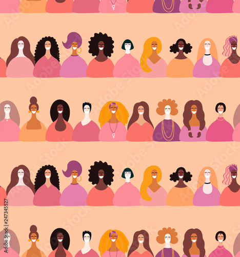 Hand drawn seamless pattern with diverse women faces. Vector illustration. Flat style design. Concept, element for feminism, womens day card, poster, banner, textile, wallpaper, packaging background