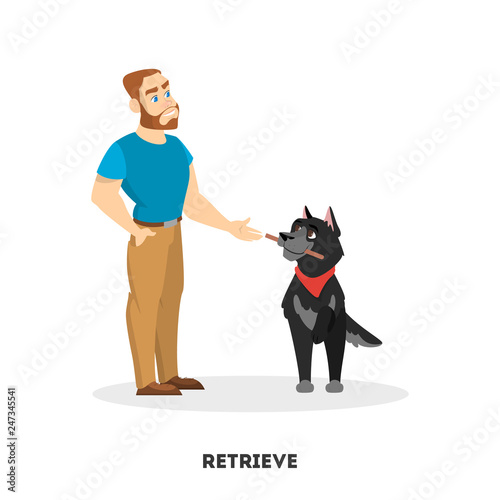 Man training his pet dog. Retrieve command