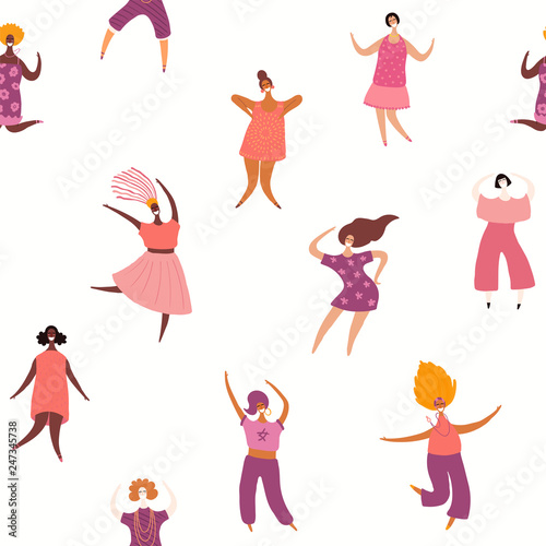 Hand drawn seamless pattern with diverse women. Vector illustration. Flat style design. Concept  element for feminism  womens day card  poster  banner  textile print  wallpaper  packaging background