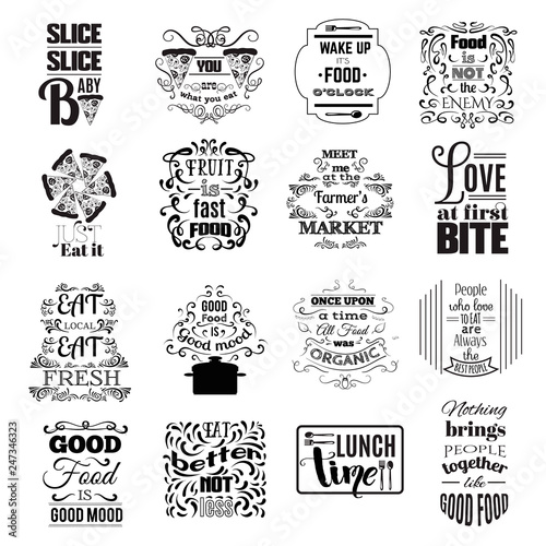 Collection of quote typographical background about food with hand drawn oriental and decorative elements. Illustration of pizza. Unique lettering. Template for poster, business  card and banner
