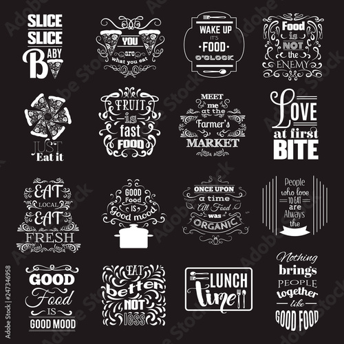 Collection of quote typographical background about food with hand drawn oriental and decorative elements. Illustration of pizza. Unique lettering. Template for poster, business  card and banner
