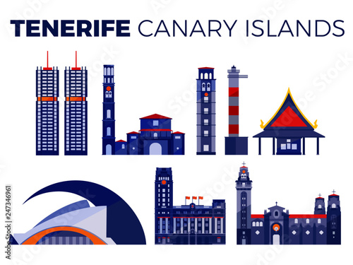 Spain, Canary Islands, Tenerife architecture. Linear vector design. Colours editable.