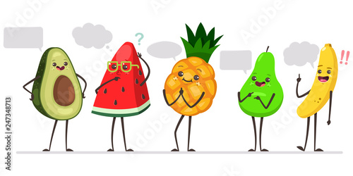 Cute avocado, watermelon, pineapple, pear and banana with speech bubble. Funny fruits vector cartoon characters with conversation cloud isolated on a white background.