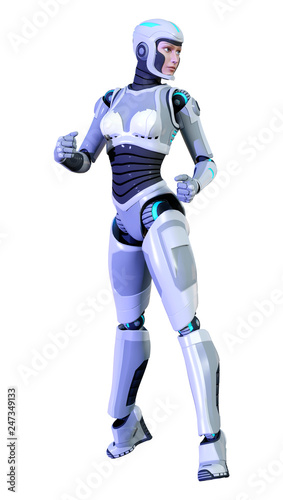 3D rendering female robot on white