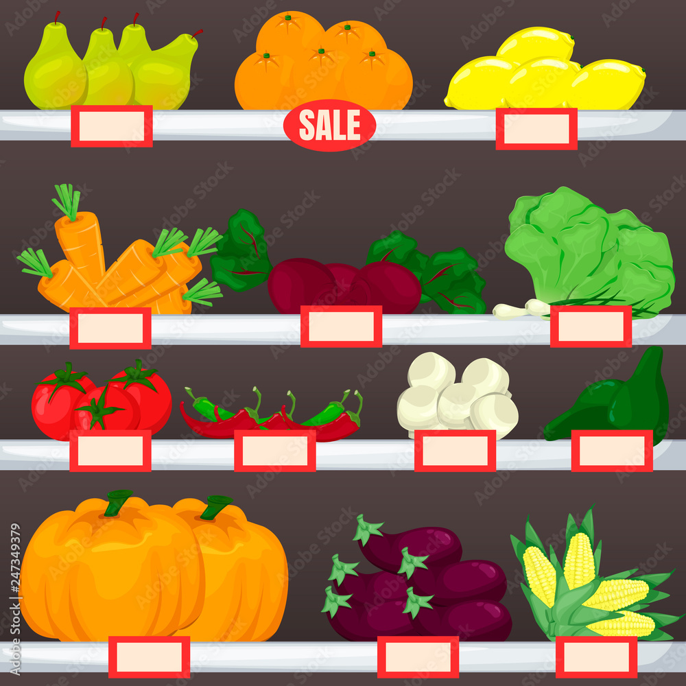 Set of fruit and vegetables on supermarket shelves. Cartoon vector product.  Stock Vector | Adobe Stock